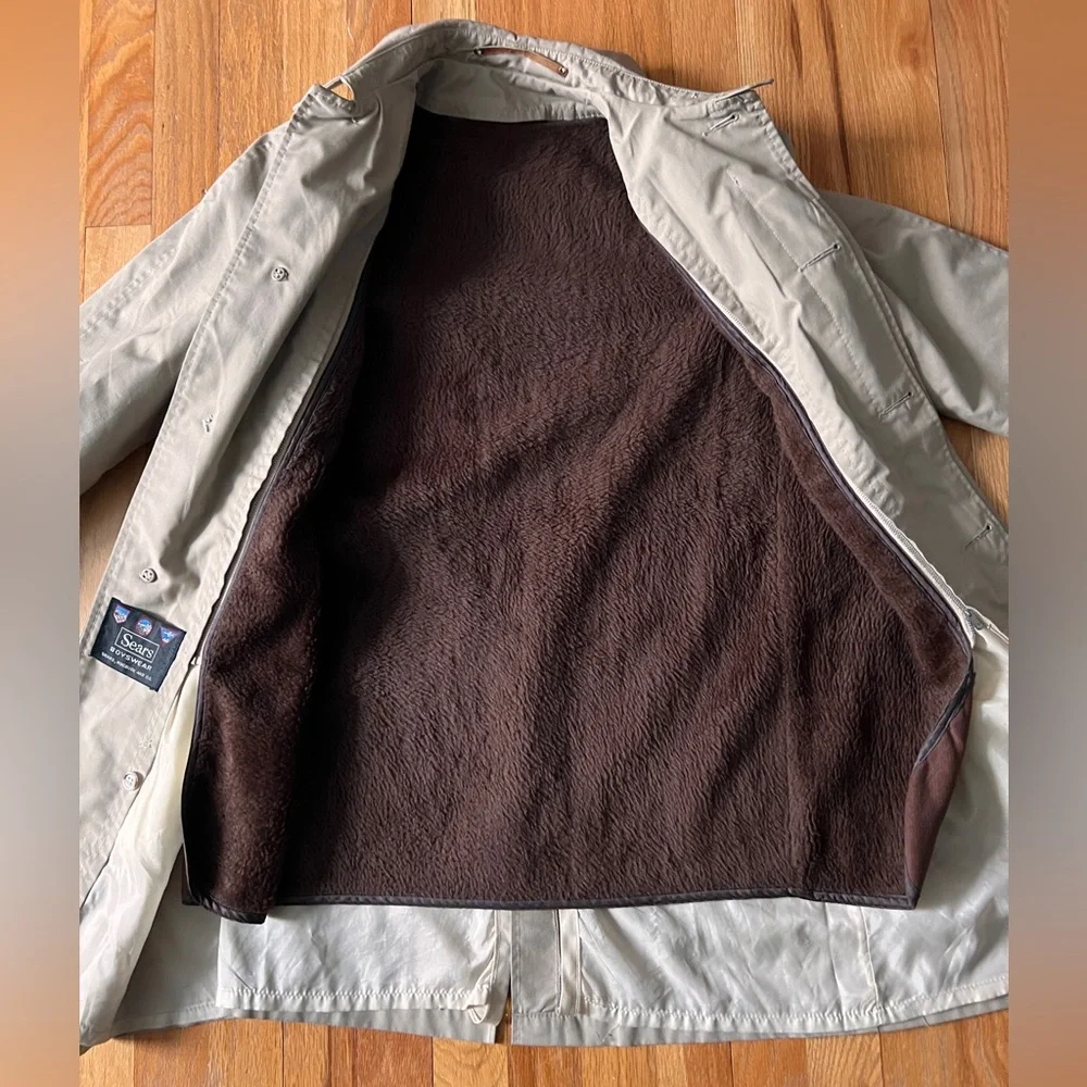 Vintage Sears Trench Coat Boyswear full zip removable Lining Tan Khaki Unisex
